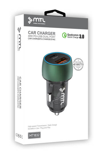 48W Hızlı Şarj Destekli Çift Portlu Type-C + USB Akım Korumalı Led Işıklı Araç Şarj Cihazı MT 1832 - 12