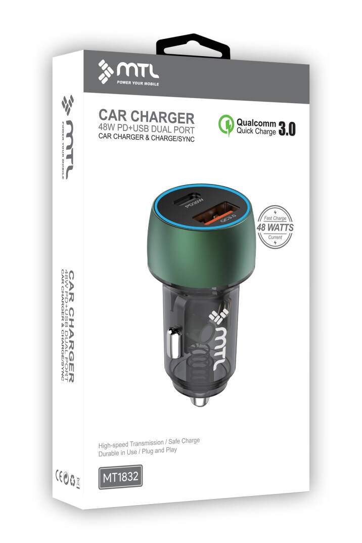 48W Hızlı Şarj Destekli Çift Portlu Type-C + USB Akım Korumalı Led Işıklı Araç Şarj Cihazı MT 1832 - 12