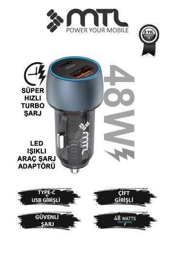 48W Hızlı Şarj Destekli Çift Portlu Type-C + USB Akım Korumalı Led Işıklı Araç Şarj Cihazı MT 1832