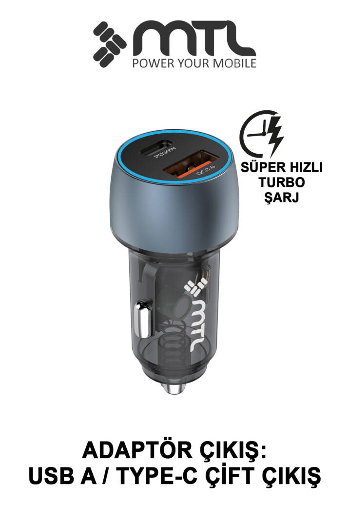 48W Hızlı Şarj Destekli Çift Portlu Type-C + USB Akım Korumalı Led Işıklı Araç Şarj Cihazı MT 1832 - 2