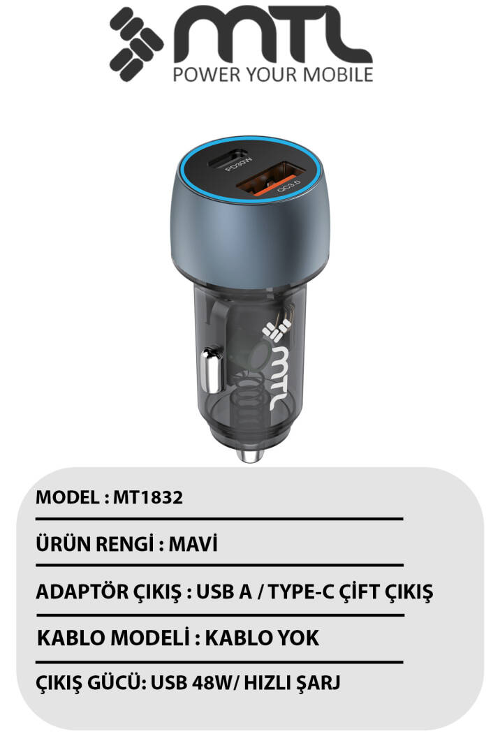 48W Hızlı Şarj Destekli Çift Portlu Type-C + USB Akım Korumalı Led Işıklı Araç Şarj Cihazı MT 1832 - 3