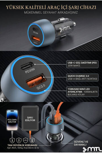 48W Hızlı Şarj Destekli Çift Portlu Type-C + USB Akım Korumalı Led Işıklı Araç Şarj Cihazı MT 1832 - 4