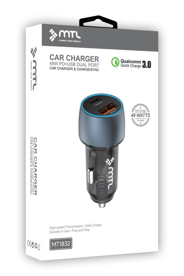 48W Hızlı Şarj Destekli Çift Portlu Type-C + USB Akım Korumalı Led Işıklı Araç Şarj Cihazı MT 1832 - 6