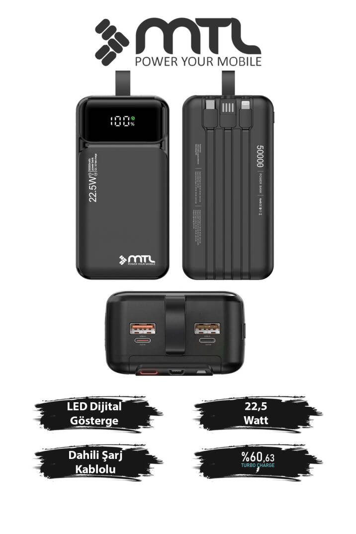 50000 mAh 22.5W Turbo Şarj Dahili Kablolu Dijital LED Göstergeli PD ve QC 3.0 Powerbank MT4351 - 1
