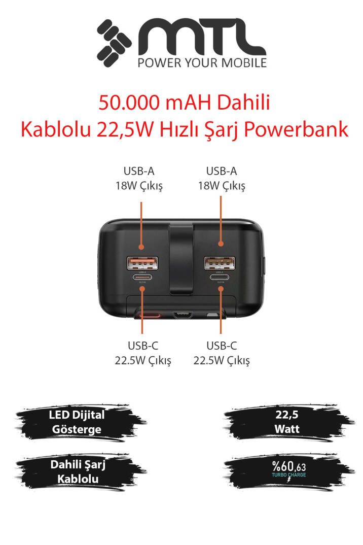 50000 mAh 22.5W Turbo Şarj Dahili Kablolu Dijital LED Göstergeli PD ve QC 3.0 Powerbank MT4351 - 2