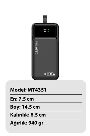 50000 mAh 22.5W Turbo Şarj Dahili Kablolu Dijital LED Göstergeli PD ve QC 3.0 Powerbank MT4351 - 3