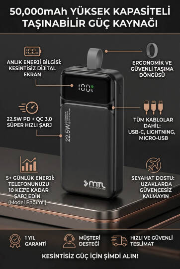 50000 mAh 22.5W Turbo Şarj Dahili Kablolu Dijital LED Göstergeli PD ve QC 3.0 Powerbank MT4351 - 4