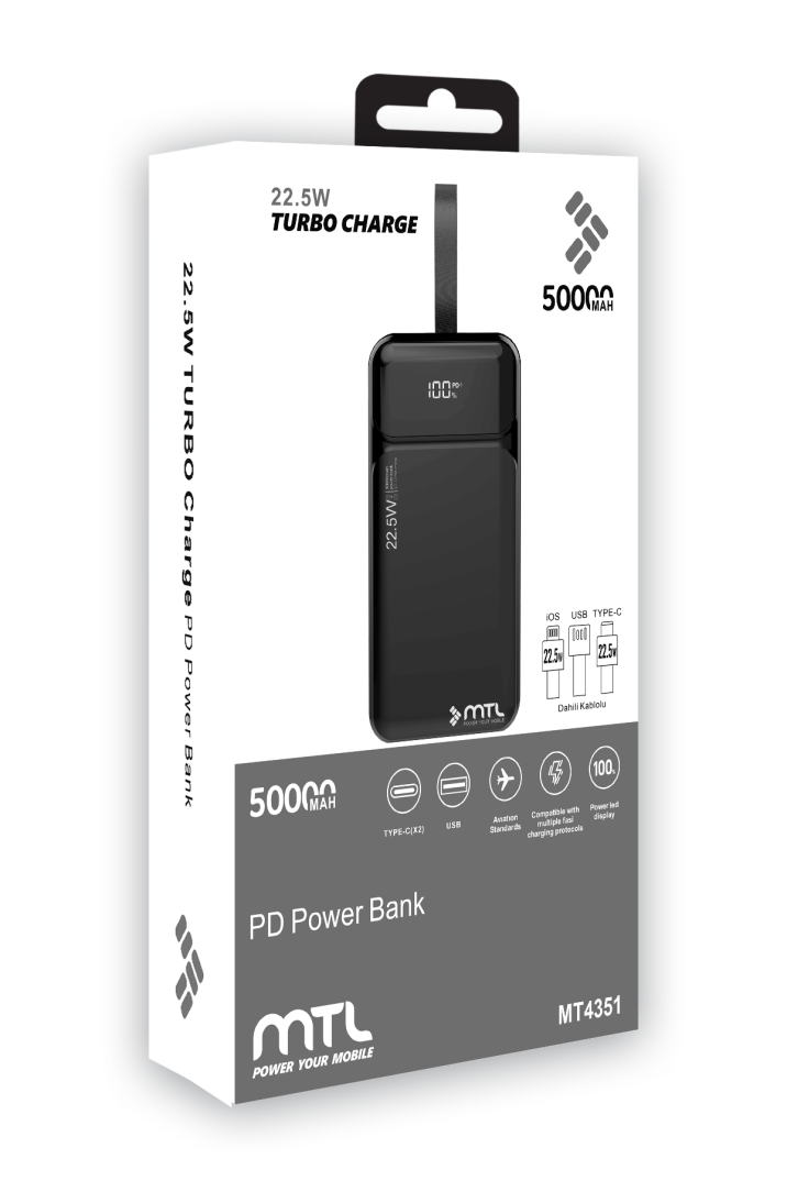 50000 mAh 22.5W Turbo Şarj Dahili Kablolu Dijital LED Göstergeli PD ve QC 3.0 Powerbank MT4351 - 7