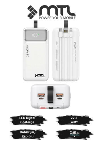 50000 mAh 22.5W Turbo Şarj Dahili Kablolu Dijital LED Göstergeli PD ve QC 3.0 Powerbank MT4351 Beyaz