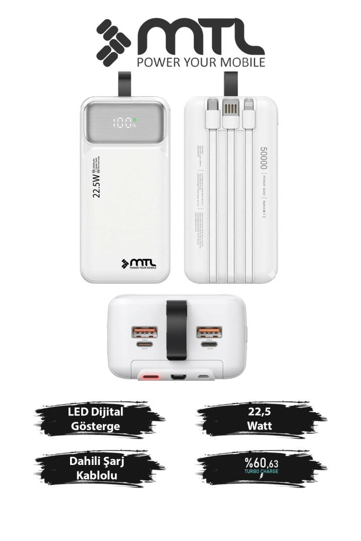 50000 mAh 22.5W Turbo Şarj Dahili Kablolu Dijital LED Göstergeli PD ve QC 3.0 Powerbank MT4351 - 8