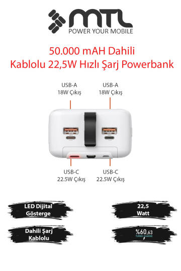 50000 mAh 22.5W Turbo Şarj Dahili Kablolu Dijital LED Göstergeli PD ve QC 3.0 Powerbank MT4351 - 9