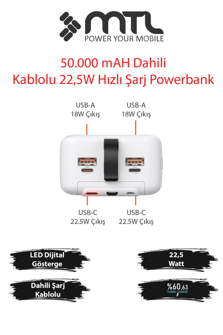 50000 mAh 22.5W Turbo Şarj Dahili Kablolu Dijital LED Göstergeli PD ve QC 3.0 Powerbank MT4351 - 9