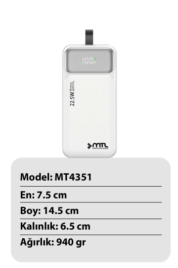 50000 mAh 22.5W Turbo Şarj Dahili Kablolu Dijital LED Göstergeli PD ve QC 3.0 Powerbank MT4351 - 10