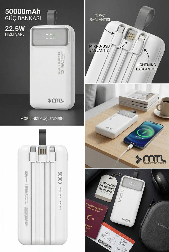 50000 mAh 22.5W Turbo Şarj Dahili Kablolu Dijital LED Göstergeli PD ve QC 3.0 Powerbank MT4351 - 11