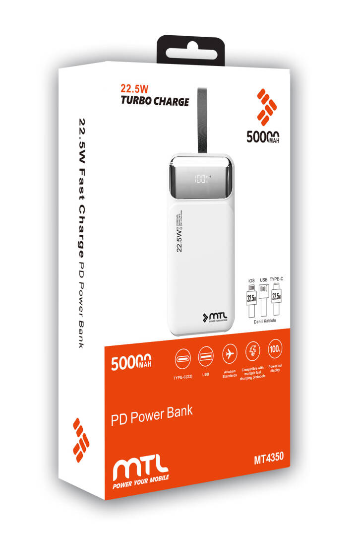 50000 mAh 22.5W Turbo Şarj Dahili Kablolu Dijital LED Göstergeli PD ve QC 3.0 Powerbank MT4351 - 14