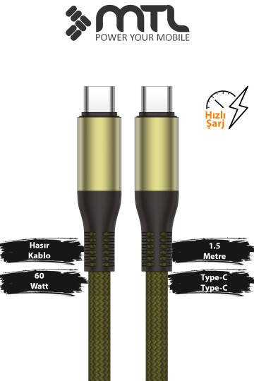 60W PD Type-C to Type-C Metal Başlıklı Örgülü Hızlı Şarj ve Data Kablosu 1.5 Metre MT2123