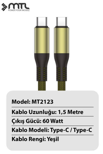 60W PD Type-C to Type-C Metal Başlıklı Örgülü Hızlı Şarj ve Data Kablosu 1.5 Metre MT2123 - 2