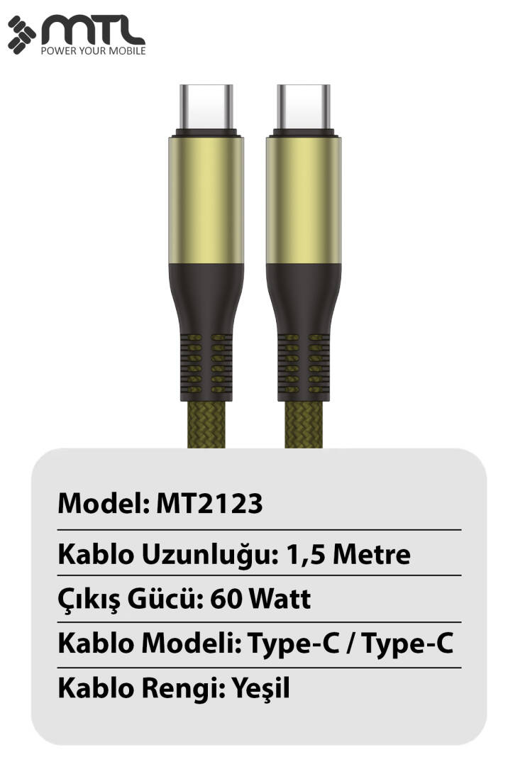 60W PD Type-C to Type-C Metal Başlıklı Örgülü Hızlı Şarj ve Data Kablosu 1.5 Metre MT2123 - 2