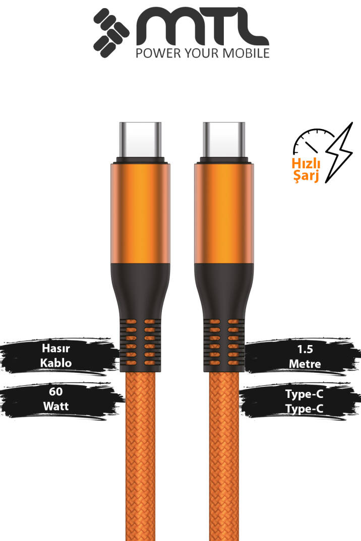 60W PD Type-C to Type-C Metal Başlıklı Örgülü Hızlı Şarj ve Data Kablosu 1.5 Metre MT2123 - 7