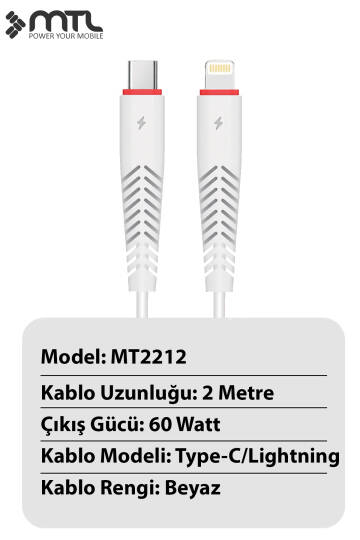 60W Type-C to Lightning Turbo Hızlı Şarj ve Data Kablosu 2 Metre MT2212 - 2