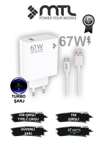 67W Turbo Şarj Saniyeli USB Adaptör + USB Type-C Kablo Hızlı Şarj Seti MT1763