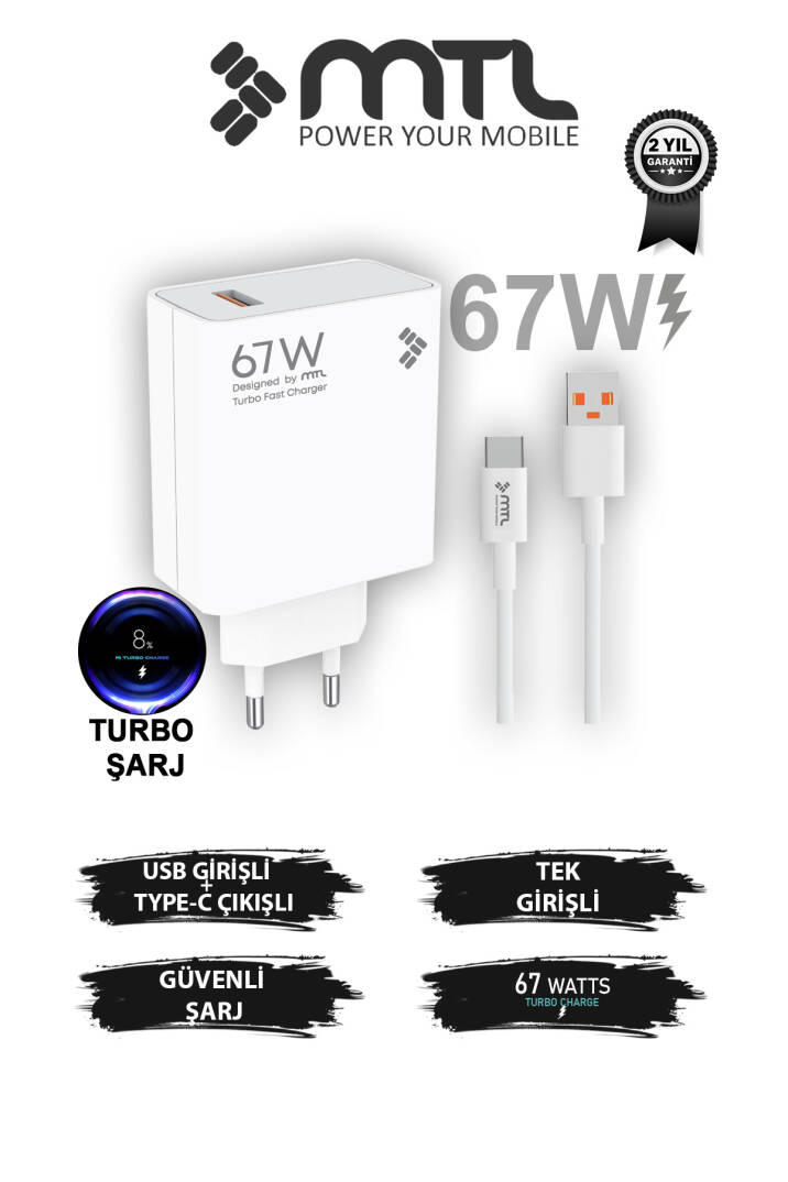 67W Turbo Şarj Saniyeli USB Adaptör + USB Type-C Kablo Hızlı Şarj Seti MT1763 - 1