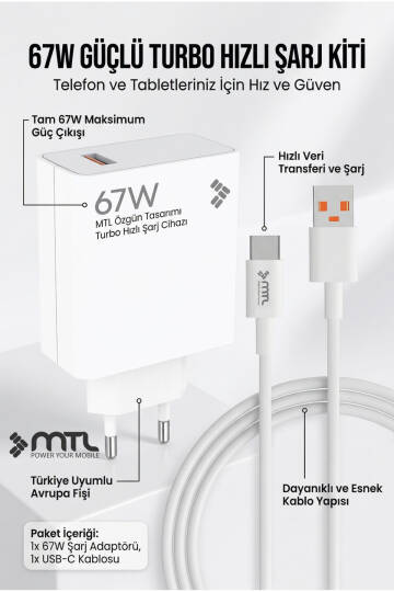 67W Turbo Şarj Saniyeli USB Adaptör + USB Type-C Kablo Hızlı Şarj Seti MT1763 - 4