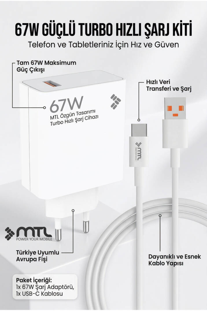 67W Turbo Şarj Saniyeli USB Adaptör + USB Type-C Kablo Hızlı Şarj Seti MT1763 - 4