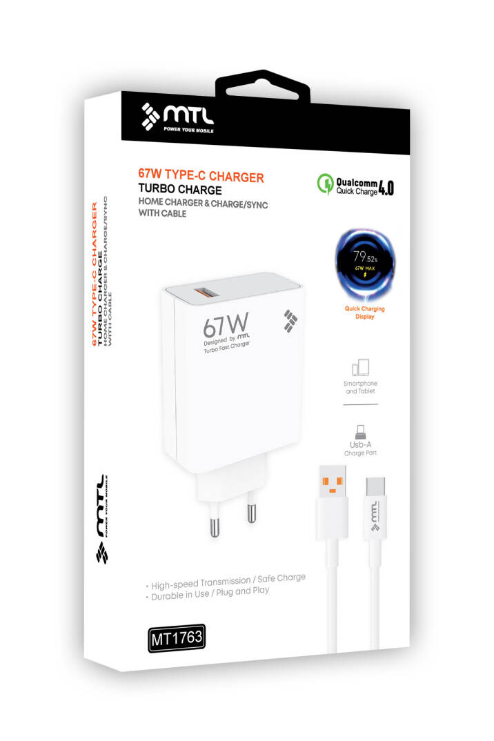 67W Turbo Şarj Saniyeli USB Adaptör + USB Type-C Kablo Hızlı Şarj Seti MT1763 - 7
