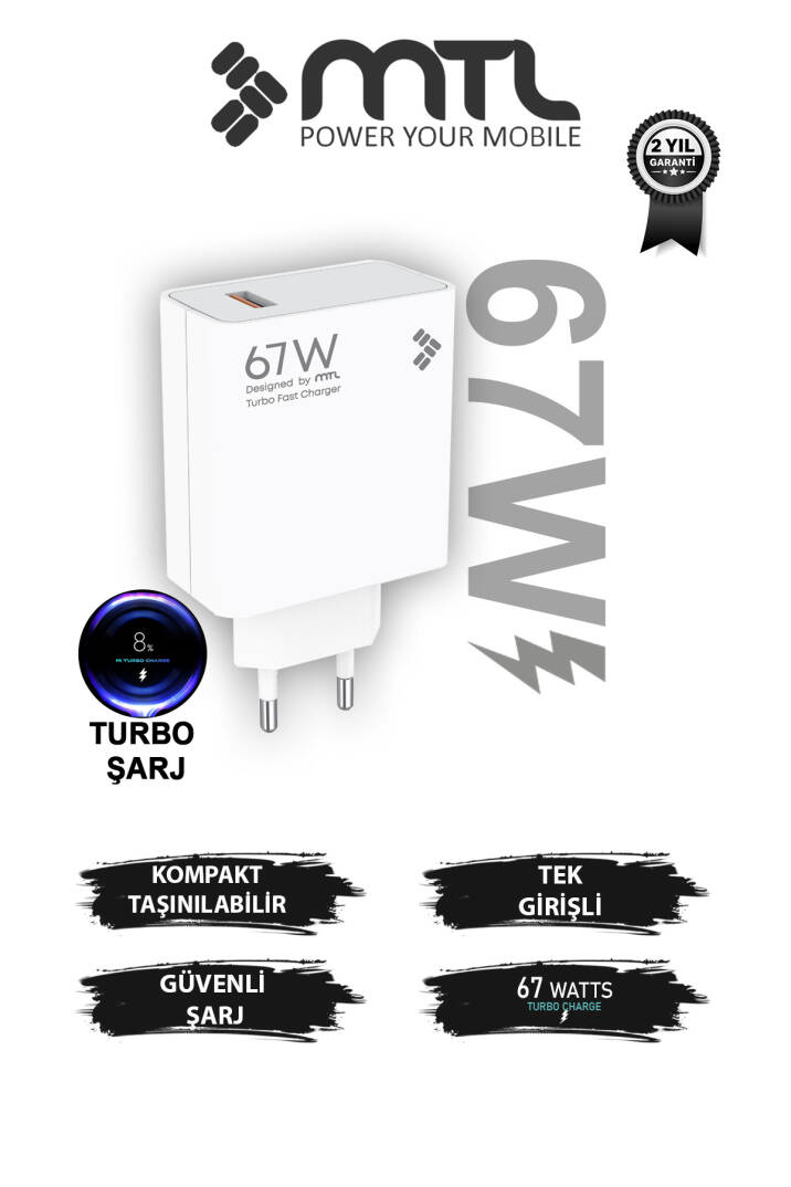 67W Turbo Şarj Saniyeli USB Adaptör + USB Type-C Kablo Hızlı Şarj Seti MT1764 - 1