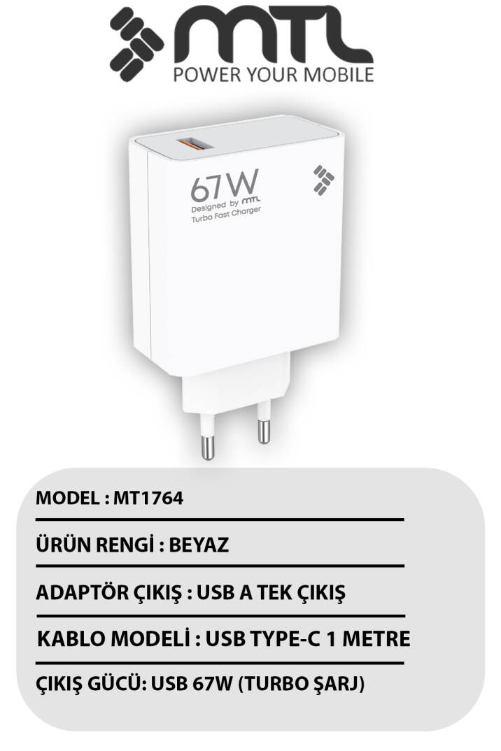 67W Turbo Şarj Saniyeli USB Adaptör + USB Type-C Kablo Hızlı Şarj Seti MT1764 - 3