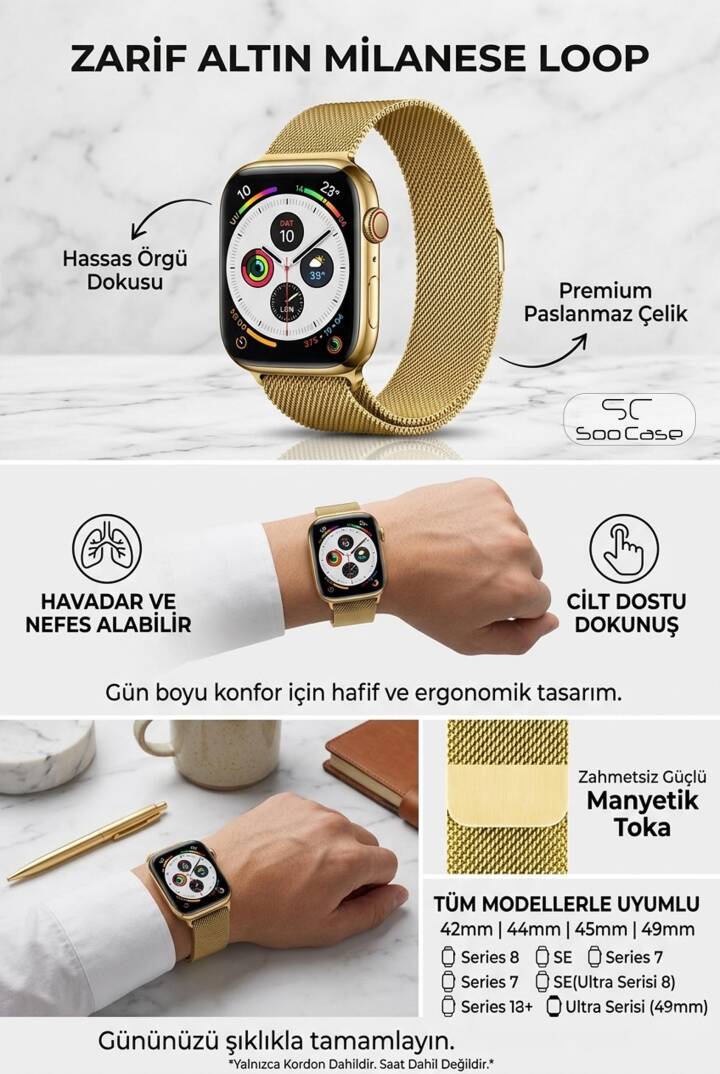 Apple Watch Tüm Serilerle Uyumlu Paslanmaz Çelik Hasır Milanese Kordon SOO-106 - 6