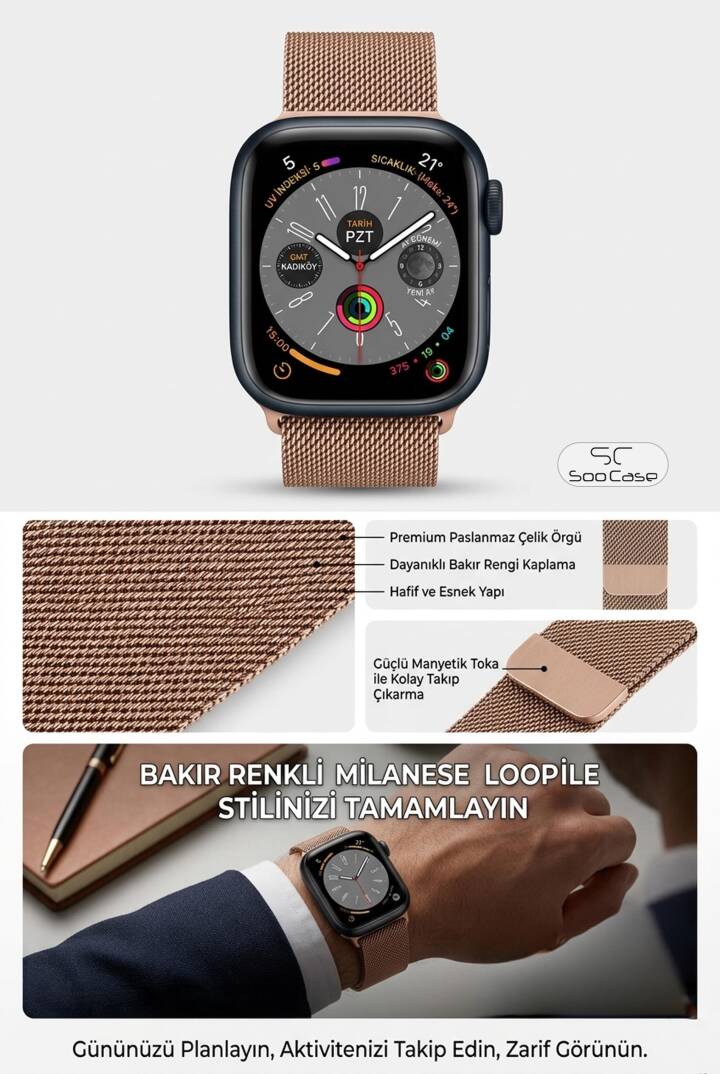 Apple Watch Tüm Serilerle Uyumlu Paslanmaz Çelik Hasır Milanese Kordon SOO-106 - 11