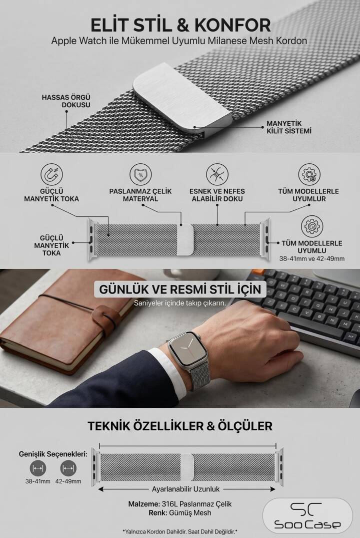 Apple Watch Tüm Serilerle Uyumlu Paslanmaz Çelik Hasır Milanese Kordon SOO-106 - 16