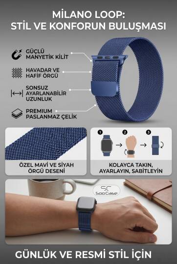 Apple Watch Tüm Serilerle Uyumlu Paslanmaz Çelik Hasır Milanese Kordon SOO-106 - 21