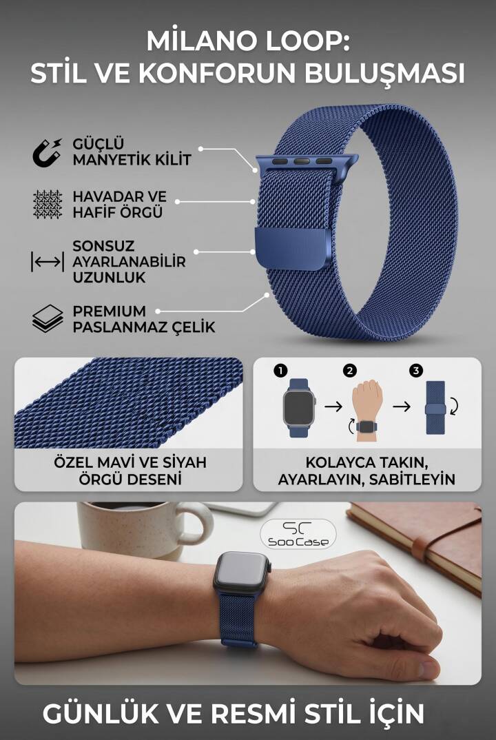 Apple Watch Tüm Serilerle Uyumlu Paslanmaz Çelik Hasır Milanese Kordon SOO-106 - 21