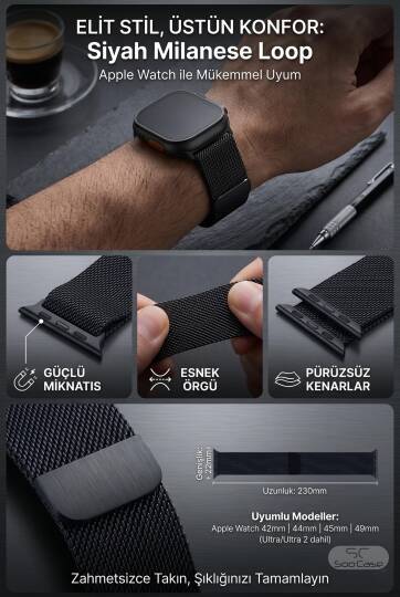 Apple Watch Tüm Serilerle Uyumlu Paslanmaz Çelik Hasır Milanese Kordon SOO-106 - 31
