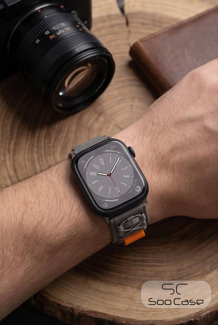 Apple Watch Ultra Uyumlu 49mm / 45mm Taktik Kalın Kumaş Cırt Cırtlı Kordon SOO-108 - 4