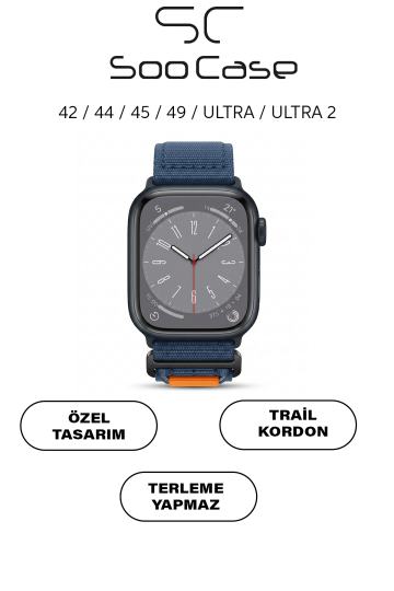Apple Watch Ultra Uyumlu 49mm / 45mm Taktik Kalın Kumaş Cırt Cırtlı Kordon SOO-108 Lacivert