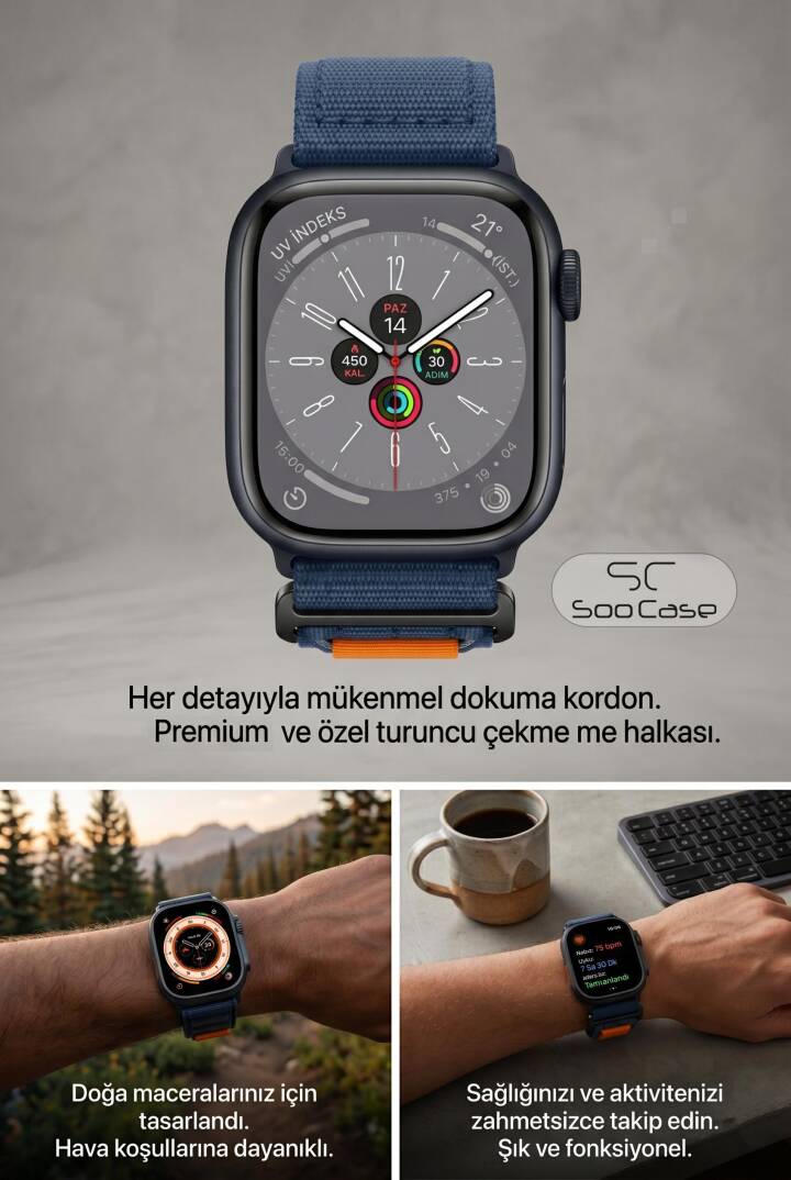 Apple Watch Ultra Uyumlu 49mm / 45mm Taktik Kalın Kumaş Cırt Cırtlı Kordon SOO-108 - 10