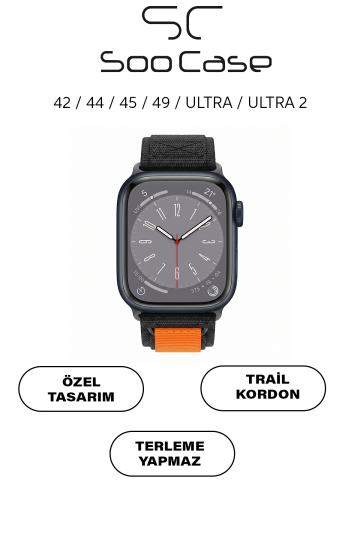 Apple Watch Ultra Uyumlu 49mm / 45mm Taktik Kalın Kumaş Cırt Cırtlı Kordon SOO-108 Siyah