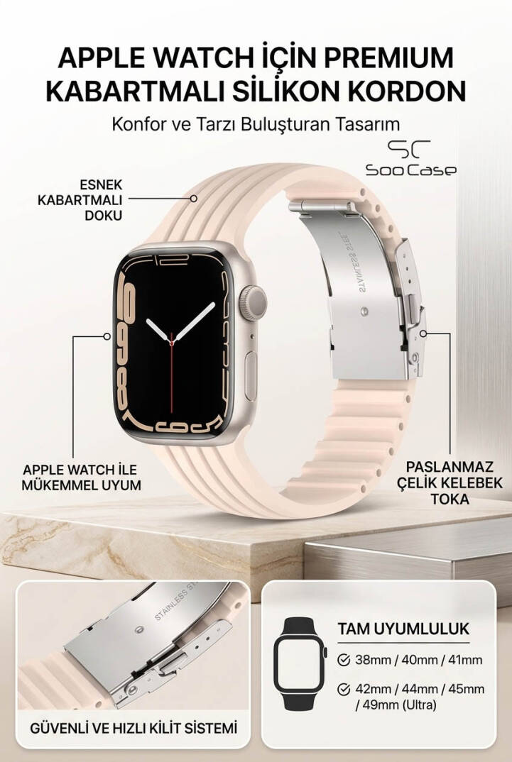 Apple Watch Uyumlu 1/2/3/4/5/6/SE/7/8/9Seri 42/44/45/49MM Klipsli Kordon Kayış Silikon MT36 - 4