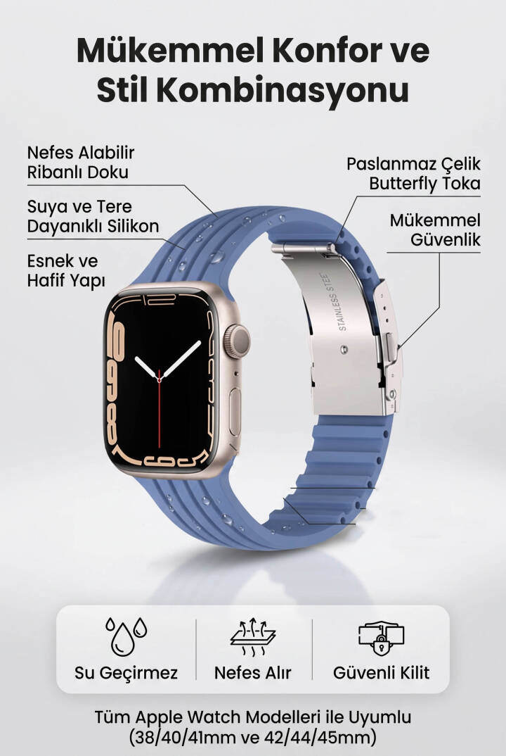 Apple Watch Uyumlu 1/2/3/4/5/6/SE/7/8/9Seri 42/44/45/49MM Klipsli Kordon Kayış Silikon MT36 - 9