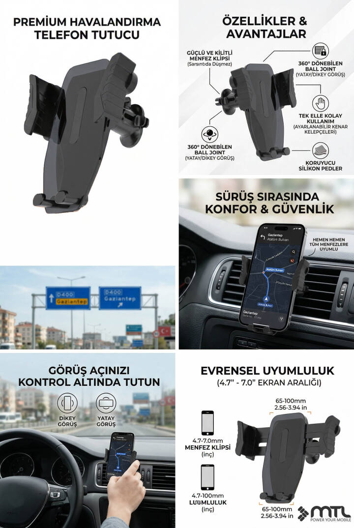 Araç İçi Dayanıklı Telefon Tutucu Havalandırma Izgarası Özel TasarımTek Elle Kullanım Evrensel Uyum - 3