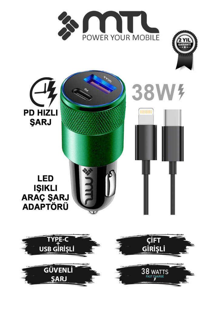 Araç Şarj Aleti Çakmaklık 38W Lightning |Type-C + USB Çift Portlu - Qualcomm QC 4.0 Desteği MT-A1834 - 1