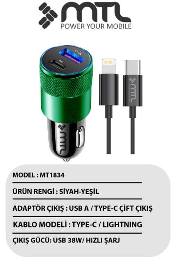 Araç Şarj Aleti Çakmaklık 38W Lightning |Type-C + USB Çift Portlu - Qualcomm QC 4.0 Desteği MT-A1834 - 4
