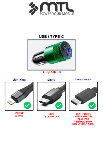 Araç Şarj Aleti Çakmaklık 38W Lightning |Type-C + USB Çift Portlu - Qualcomm QC 4.0 Desteği MT-A1834 - 5