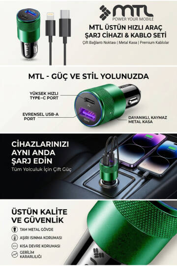 Araç Şarj Aleti Çakmaklık 38W Lightning |Type-C + USB Çift Portlu - Qualcomm QC 4.0 Desteği MT-A1834 - 6