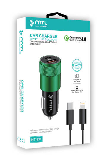 Araç Şarj Aleti Çakmaklık 38W Lightning |Type-C + USB Çift Portlu - Qualcomm QC 4.0 Desteği MT-A1834 - 7