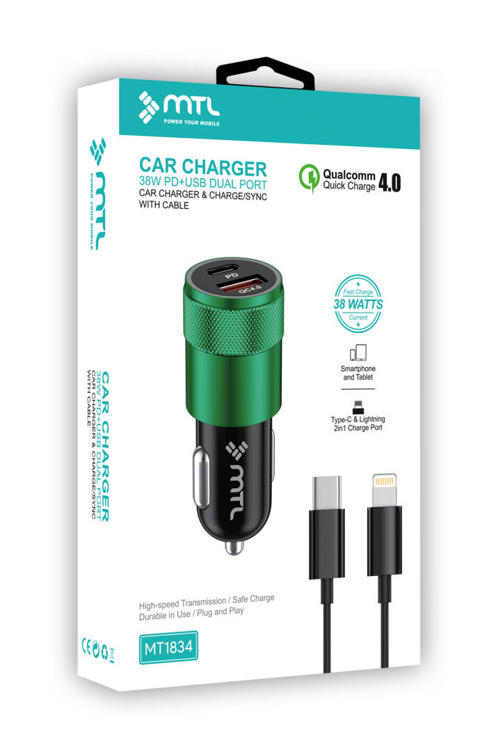 Araç Şarj Aleti Çakmaklık 38W Lightning |Type-C + USB Çift Portlu - Qualcomm QC 4.0 Desteği MT-A1834 - 7